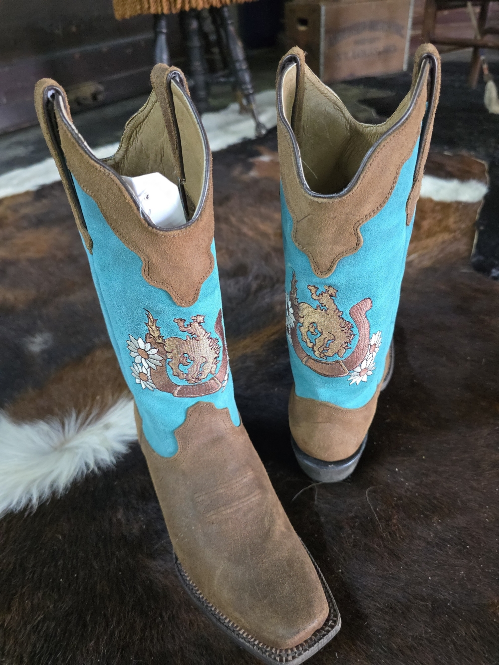 Turquoise & Brown Suede Western Heeled Boots